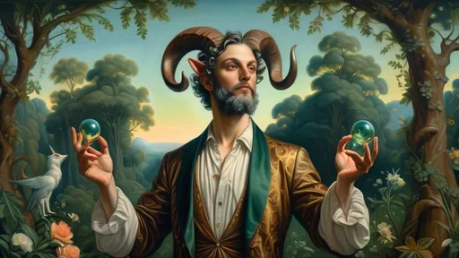 Prompt: Renaissance oil painting, (ultra-detailed), (character portrait) of a Magician transforming into a Satyr in lush Arcadia, surrounded by lush greenery, delicate flowers, gentle sunlight filtering through trees. The man with impressive horns and an ornate orb on his wand, a majestic bird perched on his shoulder, evoking magic and honor. Capturing the essence of Pan and Nuit in a vivid, enchanting atmosphere. High-quality craftsmanship from Seven Wonders Art Glass Studio.