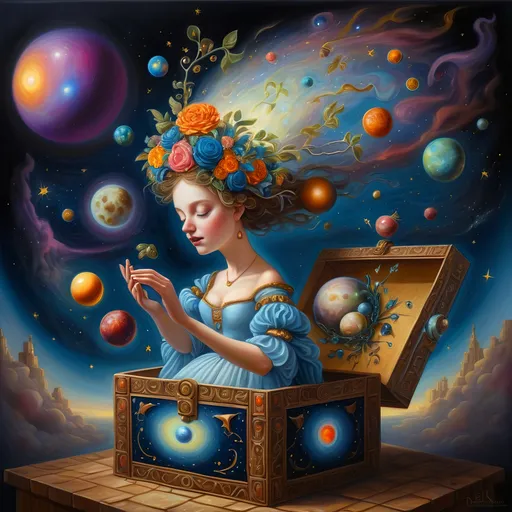 Prompt: a 7 Wonders Art Glass Studio masterpiece oil painting honoring the Goddess Nuit of a Jack-in-the-Box in a Renaissance attire coming out of the box with a box and sewing the seeds of the universe including planets painting