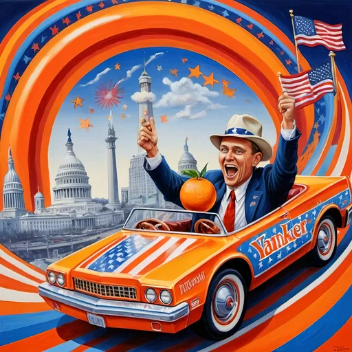 Prompt: (accurately spelled text "Yankee Doodler"), (psychedelic style), (vibrant color scheme), detailed painting, a Russian holding a Florida Orange symbolizing Republican endorsement of Russian authority and control over the U.S., in a thrilling roller coaster car, American flag dramatically waving, intricate Washington D.C. skyline in the background, surreal elements, dynamic perspective, bursting colors, high depth cinematic masterpiece.