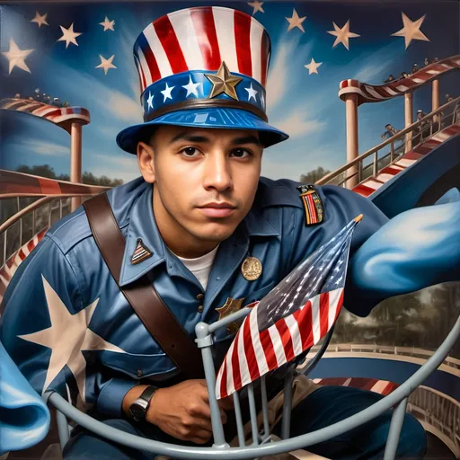 Prompt: A Seven Wonders Art Glass Studio masterpiece painting of a man in a patriotic hat riding Freedom rollercoaster in D. C.’s new amusement park named Freedom Park.  Honoring Nuit.