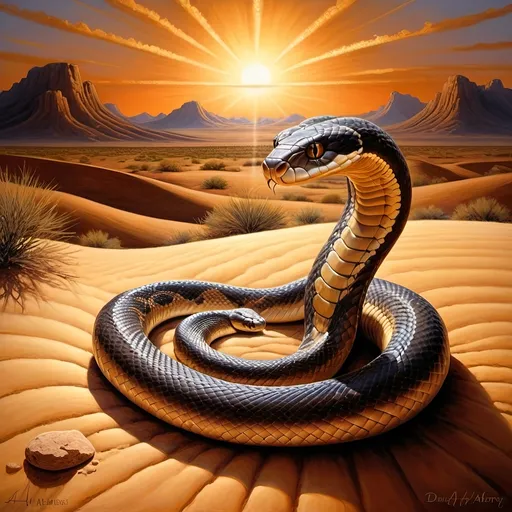 Prompt: (captivating snake painting), cobra in a vast desert landscape, golden sun illuminating the horizon, star twinkling in the twilight above, (evocative colors), rich earth tones contrasted with radiant sunbeams, fine art painting style, highly detailed, dynamic textures, captivating ambiance of solitude and majesty, (inspired by David A. Hardy).