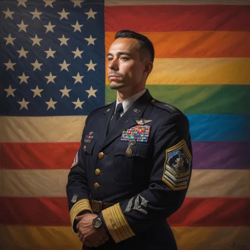 Prompt: (full body portrait of a man in uniform), (realistic depiction), American flag prominently displayed, vibrant rainbow flag in the background, detailed facial features, strong stance, expressive posture, employing (Adrian Zingg style), atmospheric lighting, rich colors, emphasizing the themes of pride and honor, (ultra-detailed), dramatic canvas.