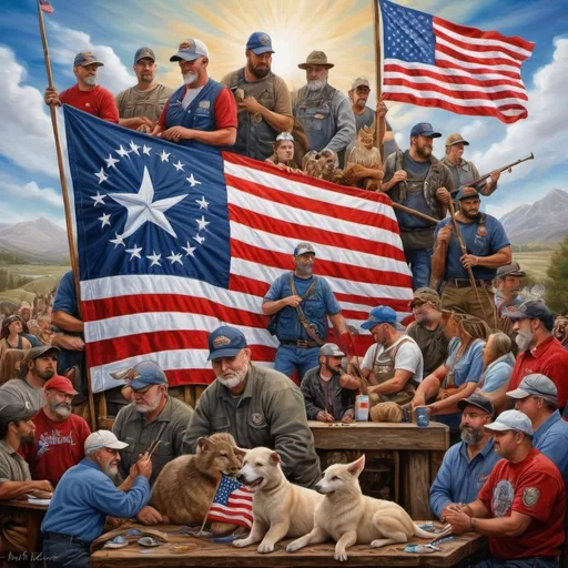 Prompt: (accurately spelled text "the real union"), painting of a flag, intricate details, surrounding people and animals, (regionalism), airbrush technique, highly detailed digital art, vibrant colors, dynamic composition, textured background, harmonious atmosphere, showcasing unity and diversity, emphasizing themes of community and teamwork, ultra-detailed, capturing depth and emotion, evocative imagery.