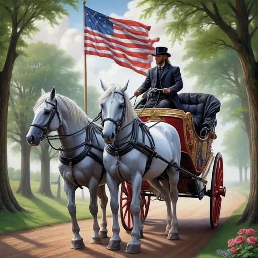 Prompt: a painting of a horse pulling a carriage with a man on it's back and a flag on the back, Anne Stokes, psychedelic art, highly detailed digital art, a detailed painting