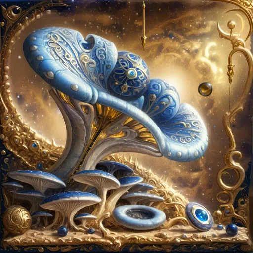 Prompt: a 7 Wonders Art Glass Studio masterpiece oil painting (honoring Nuit) of a magical mushroom with a blue shell and a blue eye on it's face (Eye of Horus)