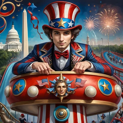 Prompt: (Acrylic painting of a magician man), wearing a (patriotic top hat), joyfully riding a (whimsical rollercoaster) in Liberty Park, with (HD details), vibrant colors, and enchanting motifs. The scene features the (Washington Monument) in the background, as well as the phrase (accurately spelled text "Yankee Doodle"). An aura of celebration and magic surrounds the image, honoring Nuit and the Aeon of Horus.