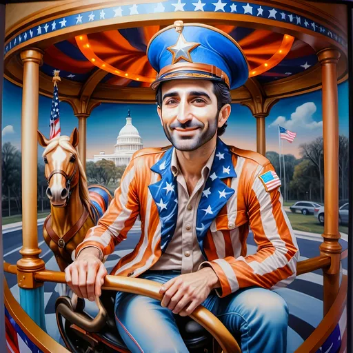 Prompt: (A Seven Wonders Art Glass Studio), oil renaissance painting, (vibrant colors), a man in military uniform, proudly riding on a Carousel of Heroes, surrounded by gracefully carved horses, soft, glowing ambiance, honoring veterans and those serving in the U.S. Military, warm golden lighting, intricate details in the uniform, carousel with richly adorned decorations, respectful atmosphere, high quality, ultra-detailed.