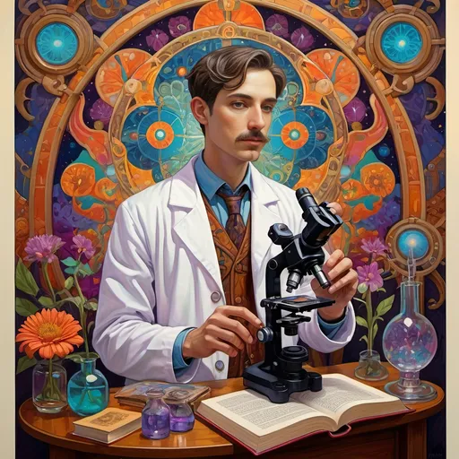 Prompt: Art Nouveau Style Painting, (vibrant colors), a gay man in a lab coat, holding a microscope, and a book in front of him, psychotropic designs, celestial patterns, intricate floral motifs, bold lines, (psychedelic art), (poster design), whimsical ambiance, (Aaron Jasinski-inspired), display of knowledge, captivating gaze, high detail, inviting atmosphere, enchanting background, (ultra-detailed format).