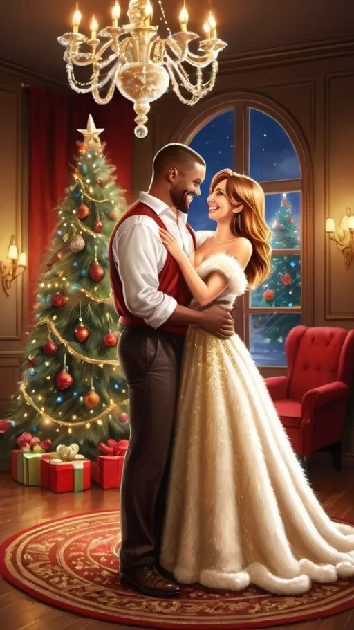 Prompt: (furry art) a joyful couple standing together, elaborate chandelier glittering above, beautifully decorated Christmas tree with twinkling lights, warm and inviting ambiance, (digital rendering), high-quality, ultra-detailed, vibrant colors, festive atmosphere, cheerful expressions, embracing the holiday spirit, creating a cozy scene perfect for the festive season, Ernest William Christmas-inspired.