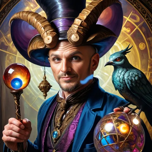 Prompt: (A fine art oil painting) by Seven Wonders Art Glass Studio, (magician man) with a (horned head), (bird on his shoulder), holding a cane and a glowing ball, inspired by Clint Cearley, (fantasy art), rich colors, intricate details, dramatic lighting, mystical atmosphere, character portrait emphasizing the essence of Pan and Nuit, ultra-detailed, vibrant background reflecting magical elements, imaginative and enchanting setting.