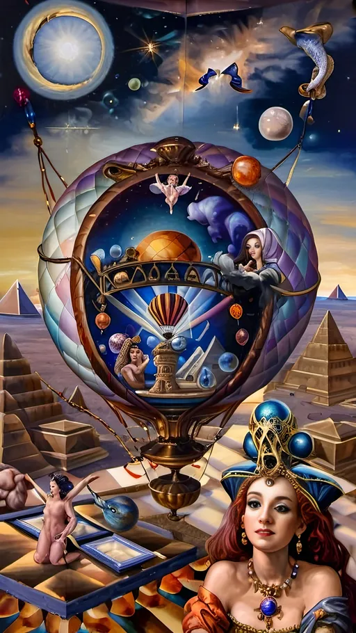 Prompt: A masterpiece oil painting of “7 Wonders Art Glass Studio” hot air balloon with a painting of a snake on it and a sky background with stars and planets honoring Nuit and Horus. Flying over Great Pyramids honoring Thoth.