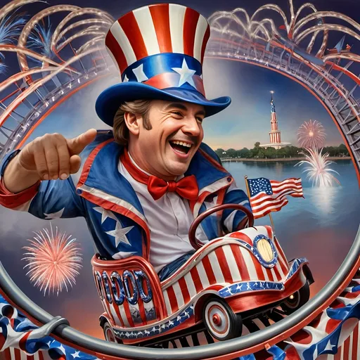 Prompt: A Seven Wonders Art Glass Studio masterpiece painting of a man in a patriotic hat riding Freedom rollercoaster in D. C.’s new amusement park named Freedom Park.  Honoring Nuit.