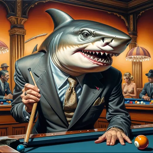 Prompt: a shark in a suit playing pool with a pool cueil and a pool ball in front of him, F. Scott Hess, pop surrealism, classical painting, a fine art painting