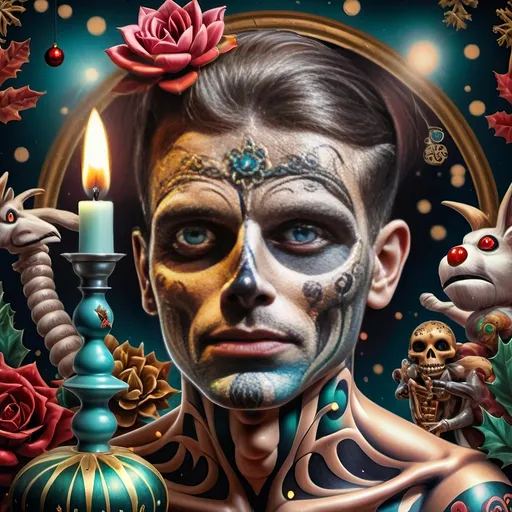 Prompt: (nutcracker), (candle and candle holder), surrounded by (Christmas decorations), (psychedelic art style), (vibrant color scheme), (extremely detailed), (oil painting), (airbrush painting), inspired by (Anne Stokes), (pop surrealism), dynamic patterns and textures, warm and festive ambiance, high-quality artistry, rich hues melding into each other, whimsical elements drawing viewers in, enchanting holiday spirit, magical atmosphere.