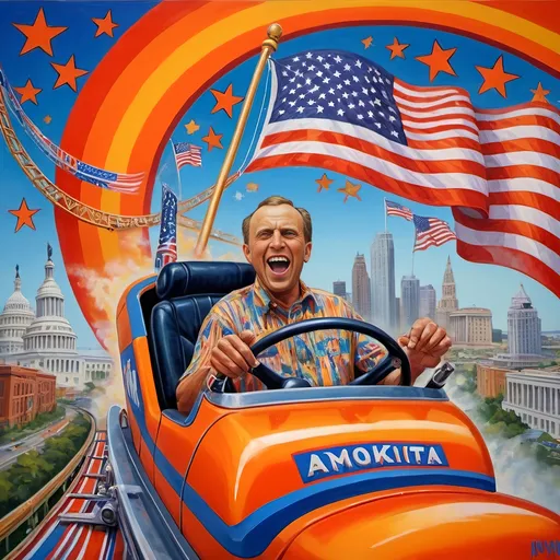 Prompt: (accurately spelled text "Yankee Doodler"), (psychedelic style), (vibrant color scheme), detailed painting, a Russian holding a Florida Orange symbolizing Republican endorsement of Russian authority and control over the U.S., in a thrilling roller coaster car, American flag dramatically waving, intricate Washington D.C. skyline in the background, surreal elements, dynamic perspective, bursting colors, high depth cinematic masterpiece.