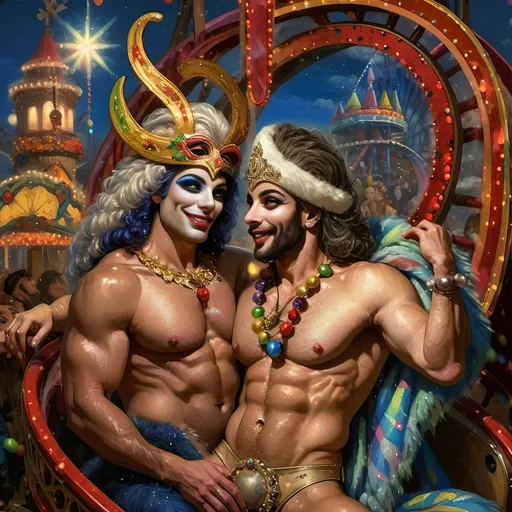 Prompt: (Honoring Nuit), vibrant oil painting of a lively group of drag queens riding a roller coaster, ecstatic expressions, in a whimsical carnival setting, colorful ferris wheel glowing in the background, (rainbow) painted on the coaster's side, bright blue sky filled with fluffy clouds, joyous atmosphere, high energy, ultra-detailed, cinematic masterpiece.