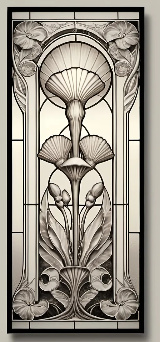 Prompt: Art Deco stained glass window design, (stunning floral patterns), honoring Nuit and Aeon of Horus, vibrant colors blending into delicate imagery, intricate details in glass texture, inspired by the elegance of Art Deco style, (highly detailed), warm ambient light filtering through glass, showcasing the beauty of craftsmanship, 4K quality, perfect for a serene art studio atmosphere.