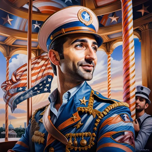 Prompt: (A masterpiece oil painting) of a man in (military uniform), riding the (Carousel of Heroes), vibrant colors highlighting the ornate design of the carousel. The scene is filled with a (nostalgic atmosphere), paying homage to (veterans and active military). Whispering elements of (honor) and (courage) are present, with artistic flourishes emphasizing the essence of (Nuit). The overall feel is (dramatic) and uplifting, portraying both valor and beauty in high definition.