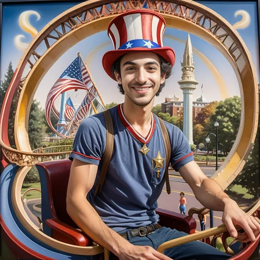 Prompt: A (masterful) Seven Wonders Art Glass Studio painting, depicting a (charming) magician man in a (patriotic) top hat, joyfully riding a rollercoaster in Liberty Park, featuring vibrant colors and whimsical elements, with a prominent Washington Monument in the background, intricately integrated with the phrase (accurately spelled text "Yankee Doodle"), all while encapsulating the theme of (honoring Nuit and the Aeon of Horus), ultra-detailed, colorful and dynamic atmosphere.