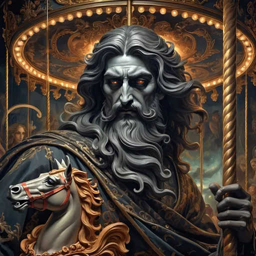 Prompt: (Renaissance style), dark color scheme, (Carousel of Humanity), Hades portrayed elegantly, richly detailed clothing, surrounded by ornate carvings, haunting atmosphere, mystical shadows, ethereal lighting, complex expressions reflecting emotion, intricate background of swirling figures and mythological creatures, dramatic contrast, oil painting quality, ultra-detailed, evocative imagery, capturing the essence of tragedy and beauty.