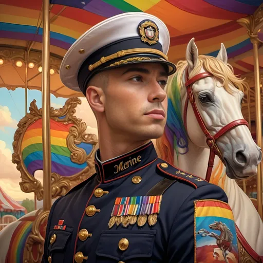 Prompt: Gay Marine man in uniform, (standing confidently), (vivid carousel of dreams), colorful horse with intricate details, (flowing rainbow flag in the background), (Aaron Jasinski style), photorealistic, highly detailed digital painting, soft lighting, warm hues, (emotional ambiance), enchanting surroundings, ultra-detailed, (captivating atmosphere), dynamic composition, landscape elements complementing the theme.