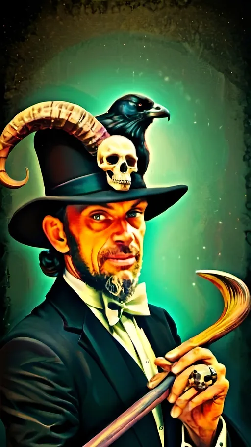 Prompt: (vibrant psychedelic art style), (man magician satyr), (horns), holding a (skull), (crow perched on his shoulder), elegant pose, stylized cane topped with a (skull orb), soft pastel colors, trippy patterns and shapes swirling in the background, surreal atmosphere, high depth and details, (whimsical) mood, capturing a spellbinding and mystical essence, (ultra-detailed) palette and texture.