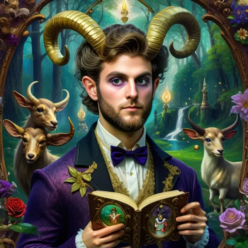 Prompt: (7 Wonders Art Glass Studio), whimsical portrayal of a (magician), clad in a striking (purple suit) and elegant (top hat), gracefully holding a captivating (spell book), surrounded by whimsical (tea cups) and enchanting (magical objects), vibrant colors, detailed and intricate artistry, atmospheric and mystical ambiance, (fourth-wall breaking), ultra-detailed, high-resolution masterpiece portraying enchanting wonder.