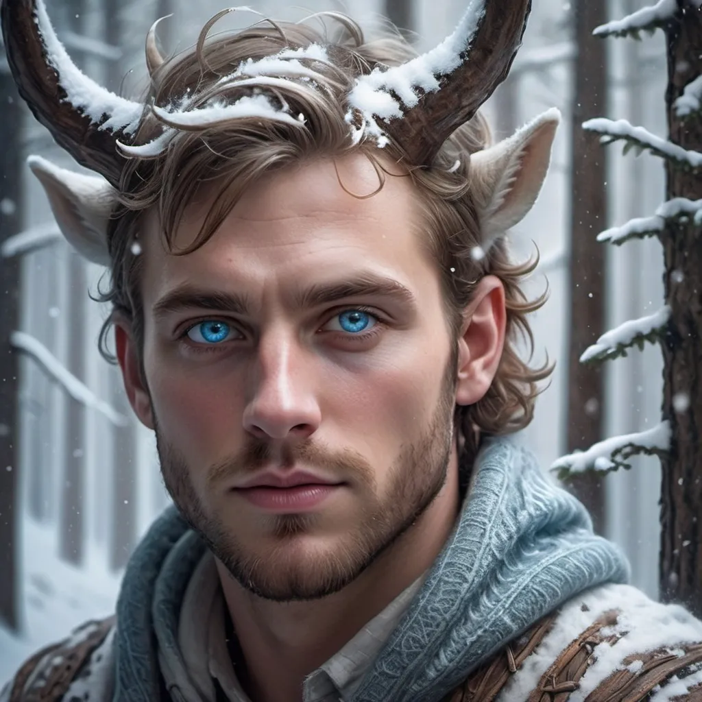 Prompt: (Man with horns and blue eyes), (Evan Charlton), snowy forest, fir trees, snowflakes on his face, mystical atmosphere, fantastical elements, ethereal lighting, epic fantasy character art, intricate details, high-quality character portrait, cool tones, serene ambiance, HD, detailed textures, fantasy art masterpiece, captivating and enchanting scene.