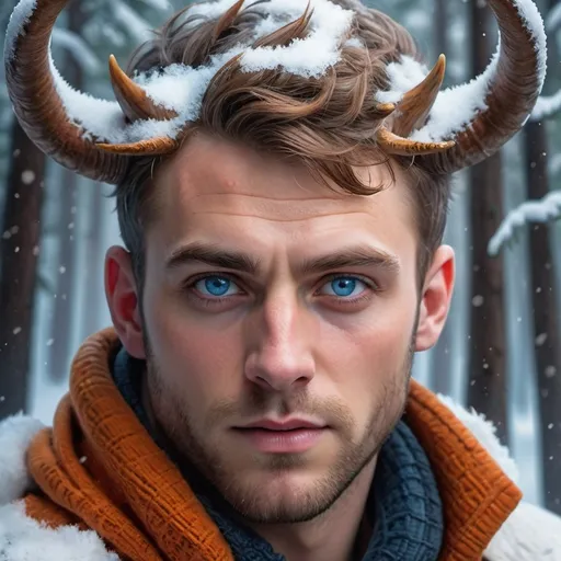 Prompt: (horns), (blue eyes), man in a snowy forest, fir trees in the background, delicate snowflakes on his face, captivating expression, epic fantasy character art, high detail, vibrant winter colors, enchanting atmosphere, fantasy vibe, mystical energy, (character portrait), ultra-detailed, cinematic quality, perfect for imaginative artistry.