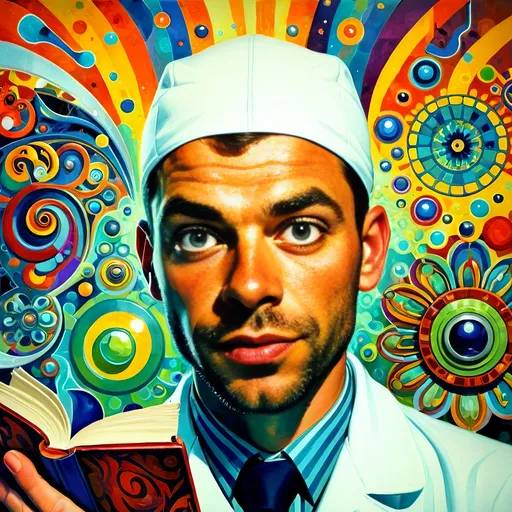 Prompt: (Art Nouveau Style Painting) a gay man in a lab coat, (holding a microscope) and a book, vibrant psychedelic colors, intricate floral patterns, dynamic curves, whimsical elements, colorful swirling designs, ambient lighting, (Aaron Jasinski inspired), poster composition, (highly detailed), captivating visual, artistic atmosphere, imaginative and unconventional, enhancements in depth and symmetry, a harmonious blend of science and art.