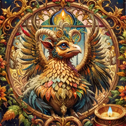 Prompt: (vibrant art nouveau still life), colorful magical painting, (intricate satyr man) with prominent horns, adorned with a festive wreath, holding a glowing candle, (ornate Christmas tree) in the background, rich intricate stained glass details, (refined porcelain influences), warm luminous lighting, lush textures, whimsical ambiance, and ultra-detailed craftsmanship that evokes the enchanting spirit of the holiday season.