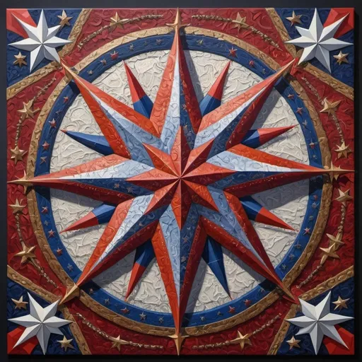 Prompt: (detailed painting), (symbolic star), vibrant colors of the United States, intricate symbols representing America, rich textures, depth in colors, blend of traditional and modern regionalism themes, expressing unity and diversity, profound visual storytelling, captures the essence of American identity, ultra-detailed, a masterpiece celebrating the spirit of the nation.