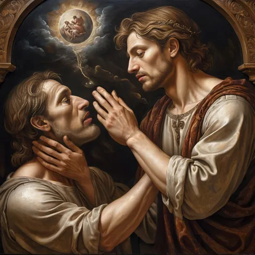 Prompt: Renaissance oil mural (The Creation), (dark color scheme), up-close still life of Adam, face cracking like broken porcelain, intricate details, God in the scene, emotional farewell, Adam saying goodbye, spirits set free, dramatic lighting, atmospheric ambiance, textured brush strokes, high depth, captivating composition, masterful artistry, HD.