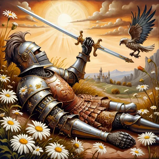 Prompt: Renaissance painting of a (knight laying on the ground), gripping a (sword in hand), surrounded by (daisies in the foreground), characterized by (misc-macabre style), (dark color scheme), inspired by (Anne Stokes), (fantasy art), (storybook illustration), moody ambiance, vibrant detailed textures, (ultra-detailed), dramatic shadows, rich depth, a hauntingly beautiful scene.