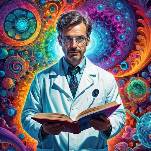 Prompt: (poster), (psychedelic art), gay scientist man, wearing a lab coat, holding a microscope and a book, vibrant colors, swirling patterns, abstract forms surrounding him, intricate details, mesmerizing visuals, science and knowledge theme, illuminated background, enchanting atmosphere, bold and dynamic composition, visually captivating, high-quality 4K, artistic masterpiece.