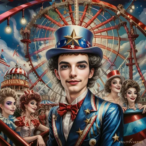 Prompt: (A magnificent oil masterpiece detailing) a group of vibrant drag queens, (spectacularly dressed) in fabulous clothing, joyfully riding the Nation’s New drag queen roller coaster in Liberty Park. In the background, (radiant) Ferris Wheel of Drag Queens looms, overlooking colorful local attractions under a (whimsical) nighttime sky, honoring the spirit of Nuit. (Ultra-detailed, vivid colors) bring this dynamic scene to life, celebrating pride and creativity.