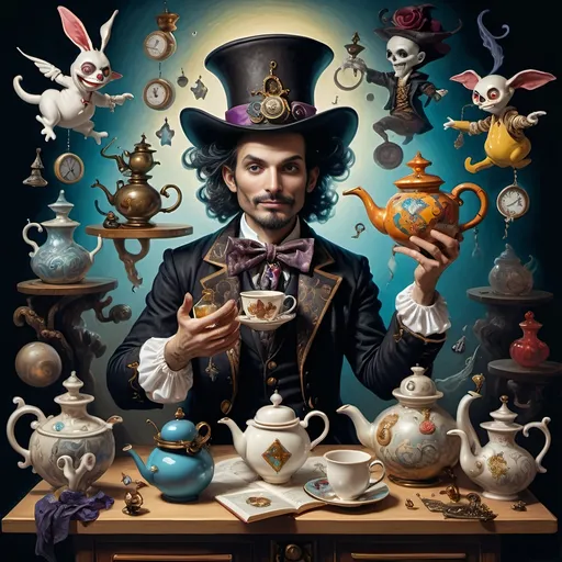 Prompt: (still life portrait), (psychedelic art style), (vibrant color scheme), a whimsical magician jack-in-the-box man, surrounded by enchanting teapots and magical items, captivating tea party scene, objects coming to life, an open book with mystical symbols, surreal and dreamlike atmosphere, vivid hues and intricate patterns, high-quality detail, a splash of imagination and wonder.