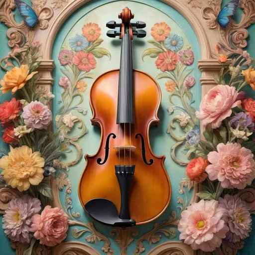 Prompt: (violin), (Renaissance art style), (anatomically correct), (pastel color scheme), elaborate details on the violin's back, vibrant floral arrangement in the background, inspired by Ernst Haeckel and Flemish Baroque, folk art influence, expressive and whimsical, high detail, soft lighting, serene ambiance, visually captivating.