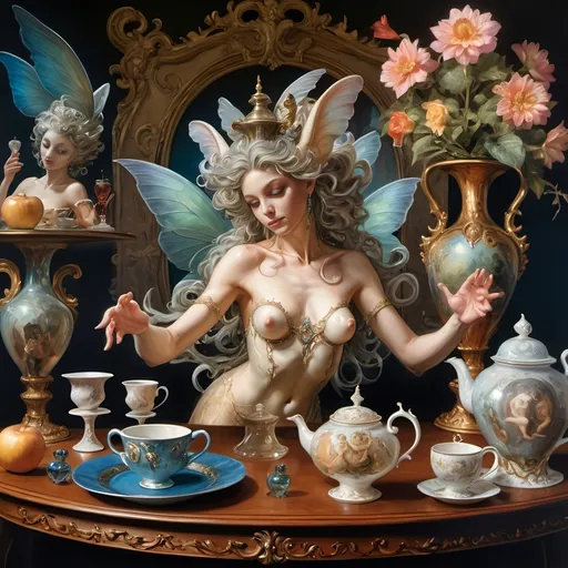 Prompt: (Honoring Nuit) A 7 Wonders Art Glass Studio painting of magical nymphs dancing on a table with a vase, plates, and other items on it, including a teapot, saucer, and cup, Daniel Merriam, rococo, highly detailed oil painting, a flemish Baroque