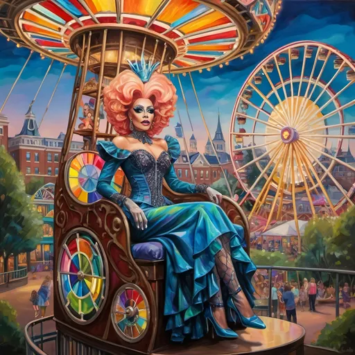 Prompt: (oil painting), psychedelic, (mesmerizing Drag Queen magician), elaborate costume, riding a stunning Ferris Wheel crafted from colorful stained glass, child sitting in lap, drag queen story hour, vibrant and surreal tones, set in D.C.'s Liberty Amusement Park, iconic D.C. monuments in the background, high depth, ultra-detailed, captivating atmosphere, whimsical ambiance, bright color scheme, fantastical elements evoking joy and wonder.