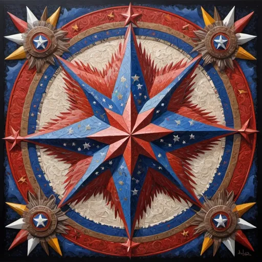 Prompt: (detailed painting), (symbolic star), vibrant colors of the United States, intricate symbols representing America, rich textures, depth in colors, blend of traditional and modern regionalism themes, expressing unity and diversity, profound visual storytelling, captures the essence of American identity, ultra-detailed, a masterpiece celebrating the spirit of the nation.