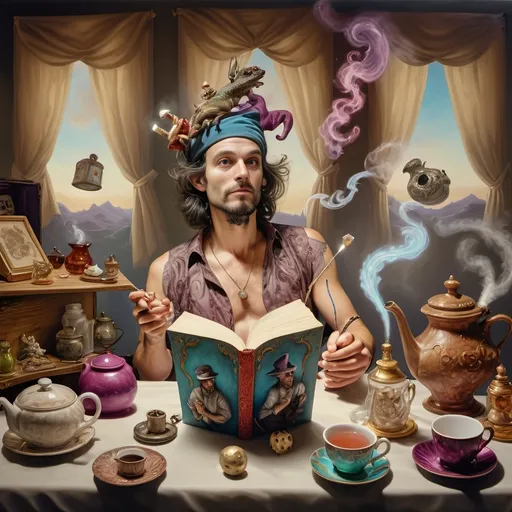 Prompt: (psychedelic still life portrait), a magician jack-in-the-box man, surrounded by (vibrant) teapots and enchanted magical items, items coming to life at a whimsical tea party, an open book exuding shimmering light in front of him, rich jewel tones, swirling patterns, otherworldly atmosphere, 4K, ultra-detailed, dreamlike ambiance.