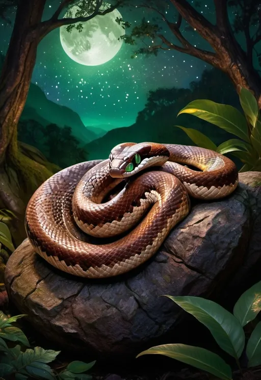 Prompt: (cobra curled up on a rock), (highly detailed digital painting), enchanting forest backdrop, shimmering stars in the night sky, rugged tree trunk nearby, vivid colors with deep greens and rich browns, mystical ambiance, (intricate textures), capturing the essence of nature's beauty, character portrait style, ultra-detailed, immersive lighting, serene yet captivating atmosphere. 