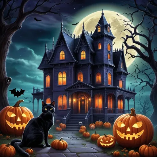 Prompt: Halloween scene with (gothic art), eerie haunted house, whimsical (ghost) hovering, enchanted pumpkins, (a black cat) majestically sitting in front, moonlit night sky, chilling atmosphere, intricate details, vibrant colors, dramatic shadows, (Anne Stokes style), with high-quality (poster art), perfect for a horror-themed illustration. 