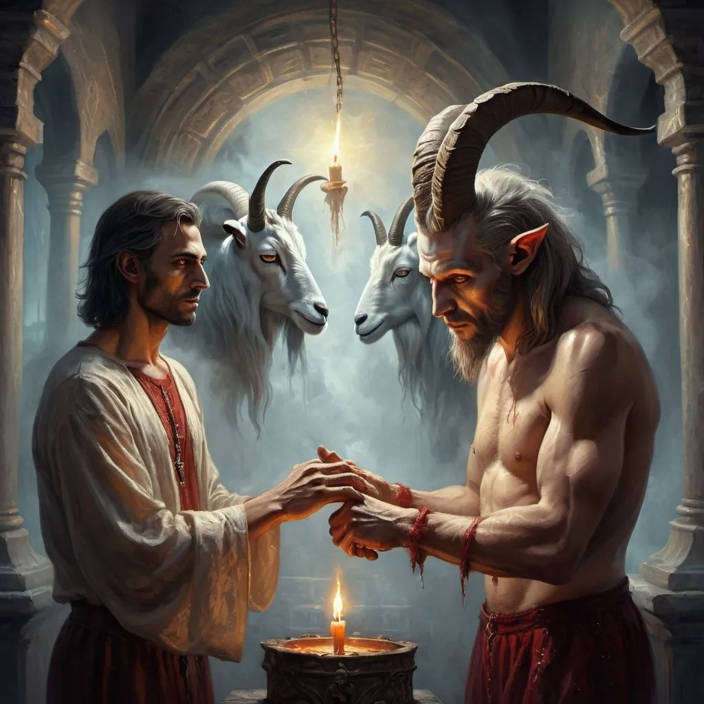 Prompt: (fantasy art) a man and a goat touching hands, (intense lighting) flickering candle illuminating their faces, (ominous atmosphere) a sign reading "the devil is coming," dark, rich colors and dramatic shadows, (oil painting) ultra-detailed textures, intricate details reflecting dark fantasy themes, background shrouded in mystery, adding depth to the artwork, high-quality 4K resolution.