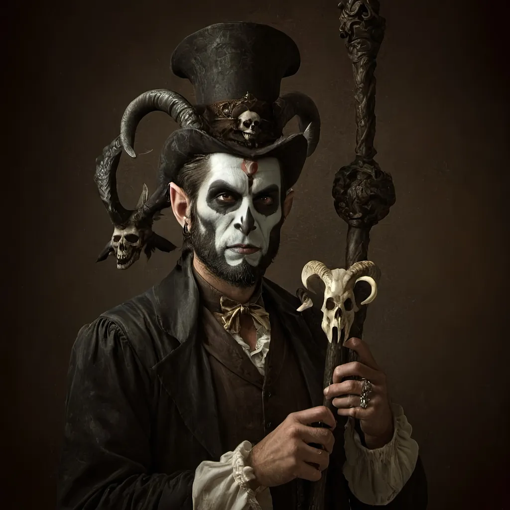 Prompt: (Renaissance still life), (man magician satyr), (dark color scheme), (elegant pose), (horns), holding a cane with skull orc, (crow perched on his shoulder), intricate details, moody ambiance, dim celestial lighting, rich textures, dramatic shadows, (stylized cane topped with a skull orb), ultra-detailed, high quality, evocative atmosphere.