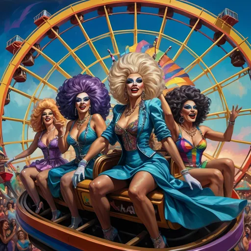 Prompt: (Honoring Nuit), a vibrant painting of a group of drag queens, joyfully riding a roller coaster, colorful outfits flowing in the wind, beaming expressions, a dazzling ferris wheel in the background, a striking rainbow extension painted on the side, lively amusement park atmosphere, bright tones, fantastical mood, high detail, mesmerizing and dynamic composition, perfect for celebrating diversity and joy.