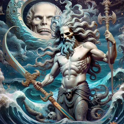 Prompt: (psychedelic oil painting), a mysterious female figure, dark color scheme with rich, deep hues, illustrating a surreal scene, holding a skull and a sword, positioned before an enigmatic ship, illuminated by a haunting full moon, honoring (the goddess) Nuit, intricate details, dynamic swirls, high definition, captivating and dreamlike ambiance.