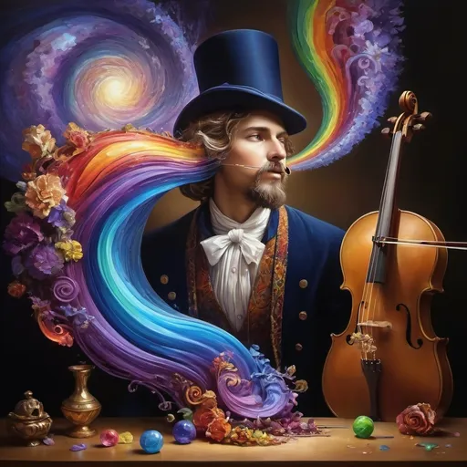 Prompt: art nouveau style, (vibrant colors), painting of a man playing violin, intricate items surrounding him, complex rainbow swirl background, (emotion of harmony and creativity), surreal depiction of sound waves as colors, rhythmic patterns, expressive facial features, ethereal ambiance, whimsical elements, (HD), highly detailed masterpiece.