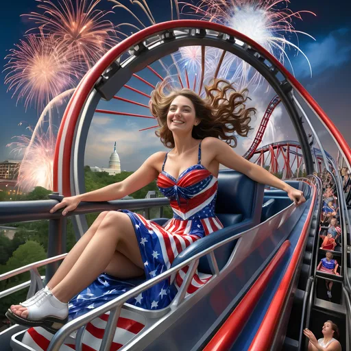 Prompt: a 7 Wonders Art Glass Studio of a woman in patriotic dress riding the rollercoaster Liberty Park, located in Washington D.C with U.S.Flag themes and float in the background and fireworks in the sky, 4th of July in Liberty Park.  honoring the goddess Nuit.